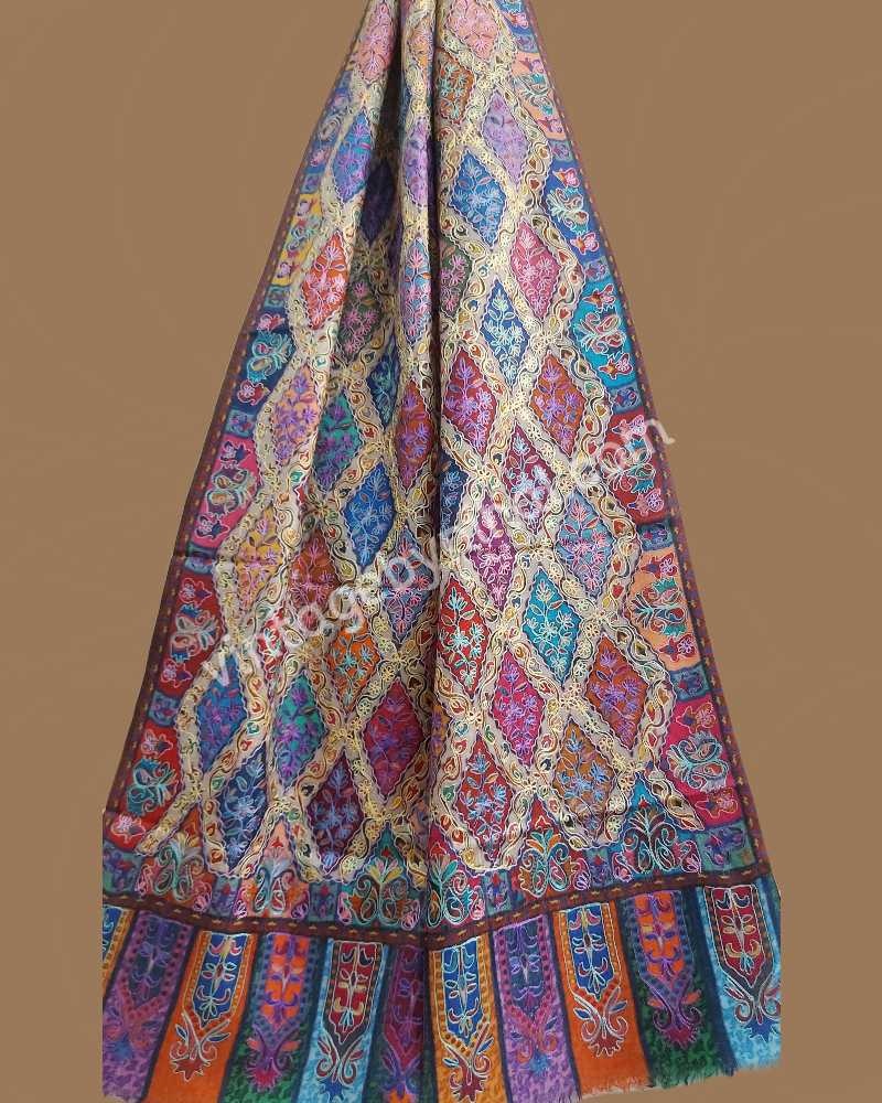 Exclusive Pure Pashmina Kalamkari Embroidered Hand Painted Diamond Pattern Shawl 